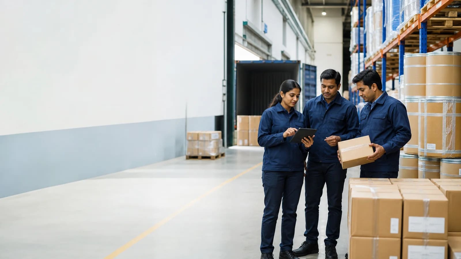 Illustrative view of a logistics team coordinating a warehouse dispatch
