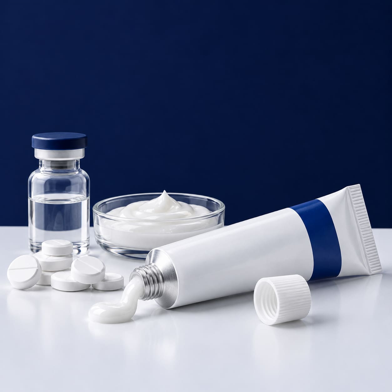Pharmaceutical ointment tube with ointment, tablets and a clear-liquid vial