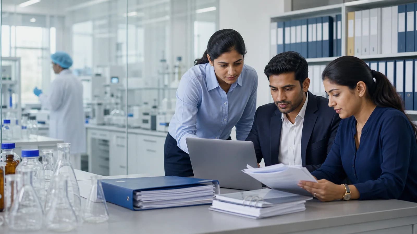 Illustrative view of a regulatory support team reviewing product documentation