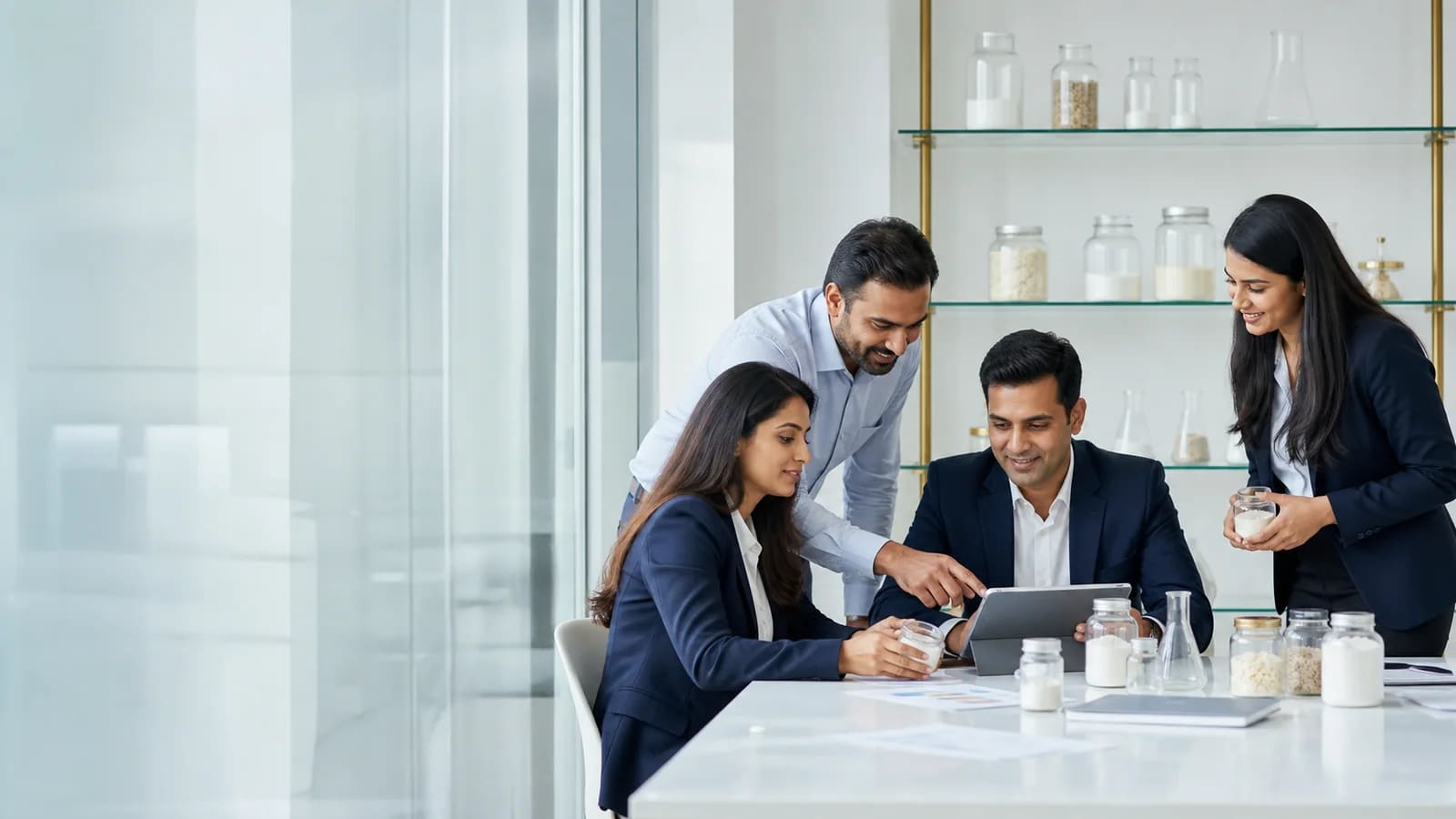 Illustrative view of a marketing and business development team discussing a product portfolio
